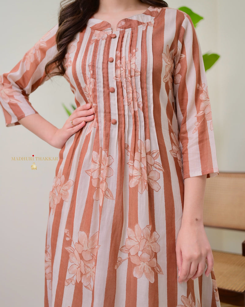 Ivory Brown Striped Floral Mul Cotton Kurta Set