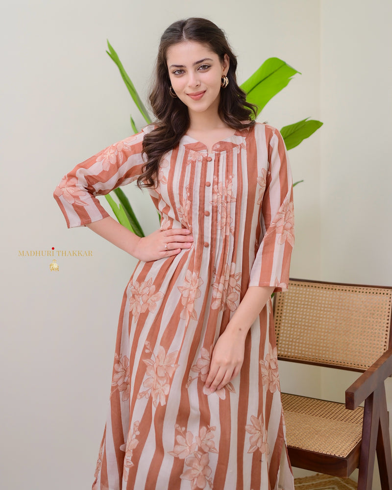 Ivory Brown Striped Floral Mul Cotton Kurta Set