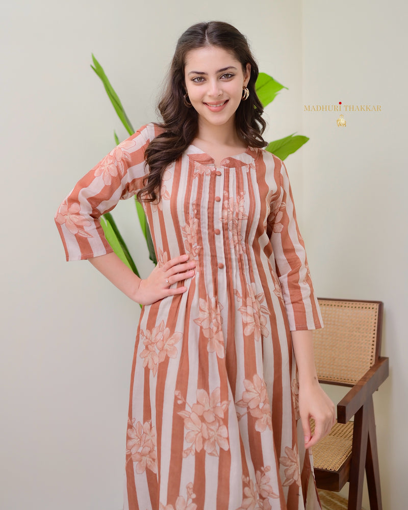 Ivory Brown Striped Floral Mul Cotton Kurta Set