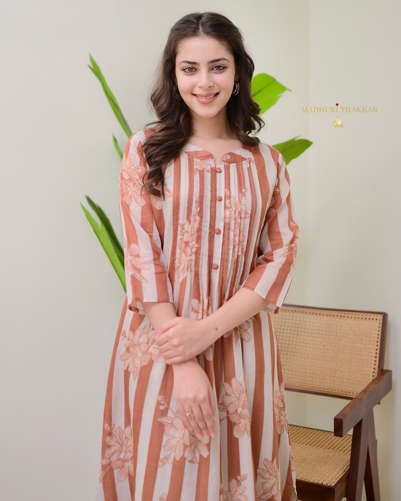 Ivory Brown Striped Floral Mul Cotton Kurta Set