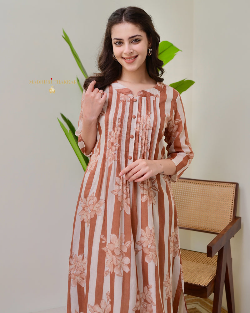 Ivory Brown Striped Floral Mul Cotton Kurta Set