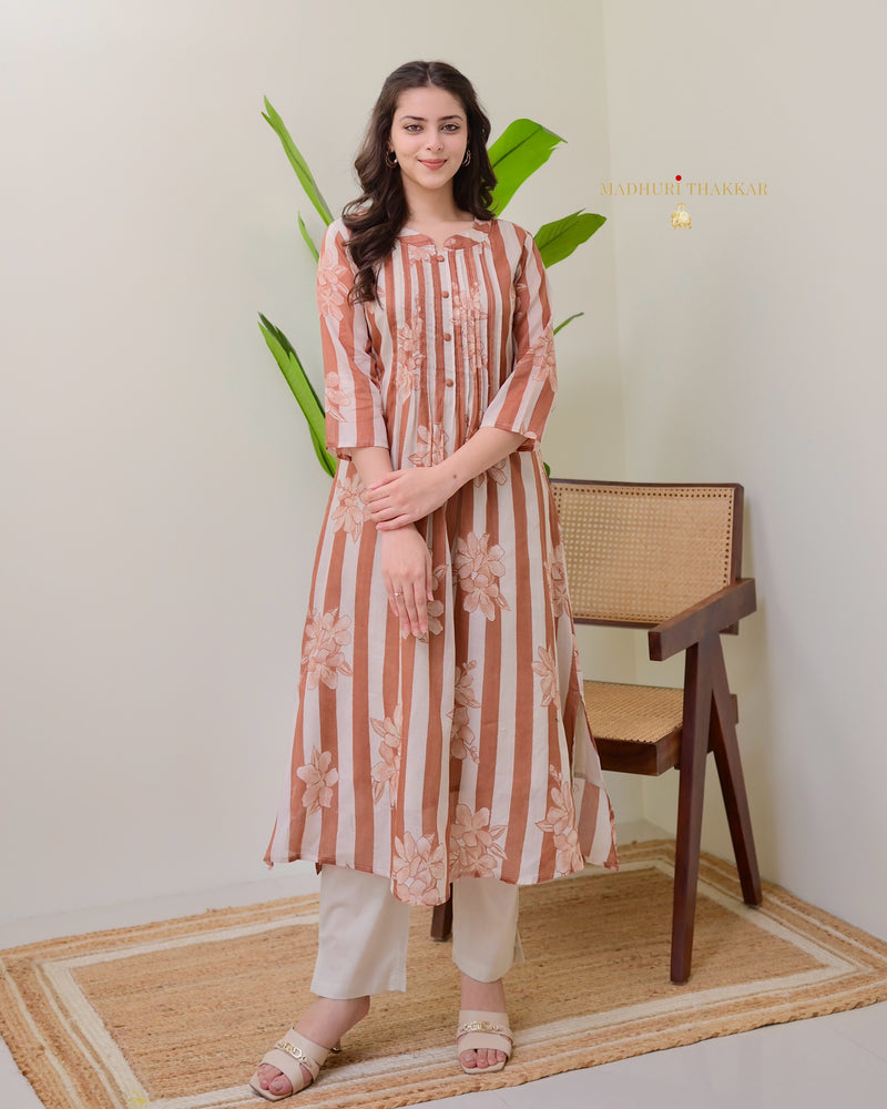 Ivory Brown Striped Floral Mul Cotton Kurta Set