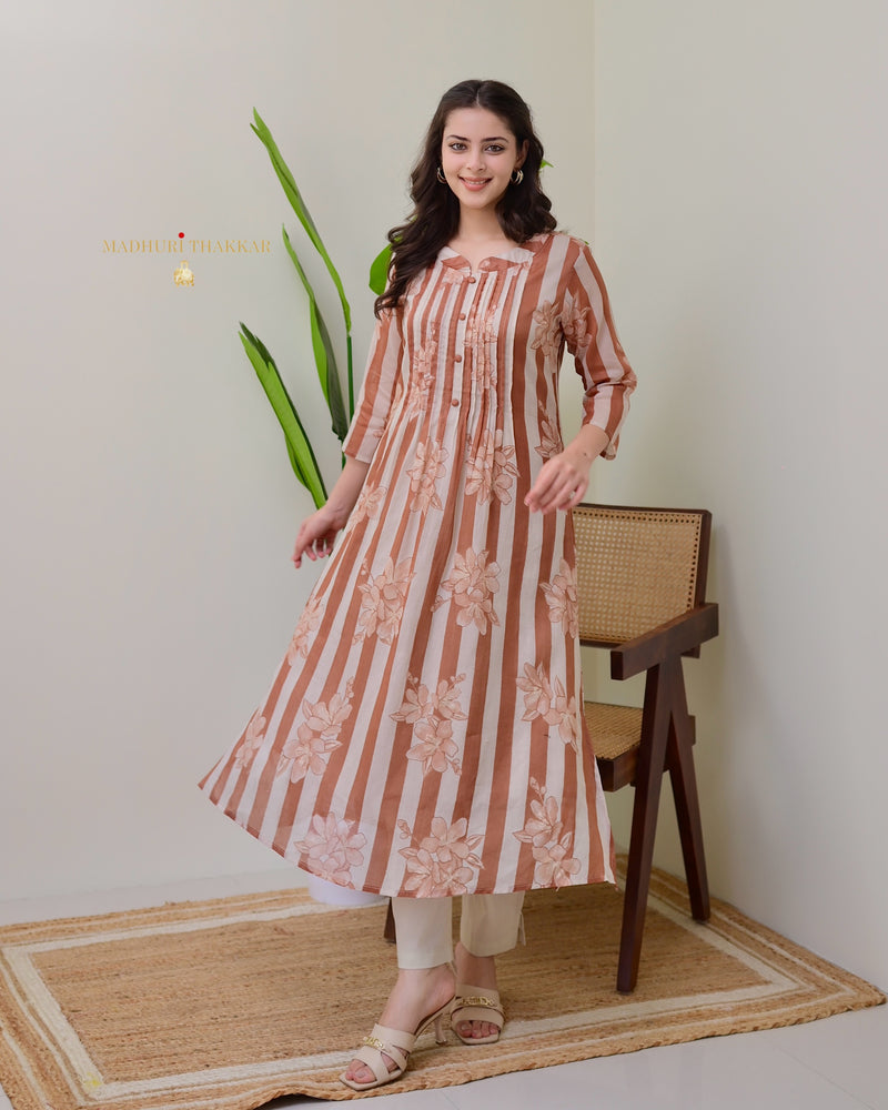 Ivory Brown Striped Floral Mul Cotton Kurta Set