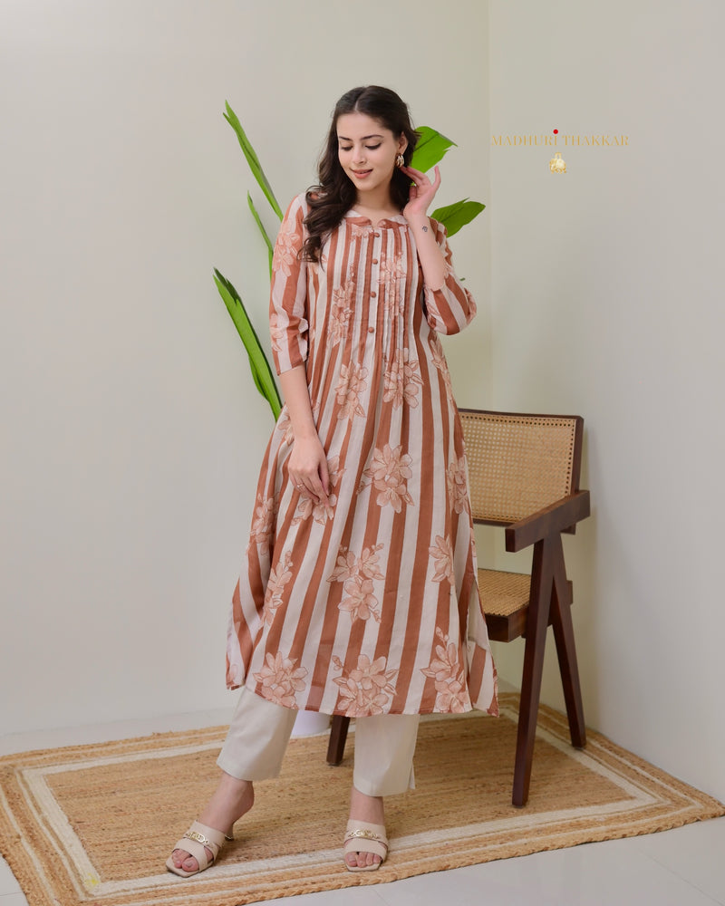 Ivory Brown Striped Floral Mul Cotton Kurta Set