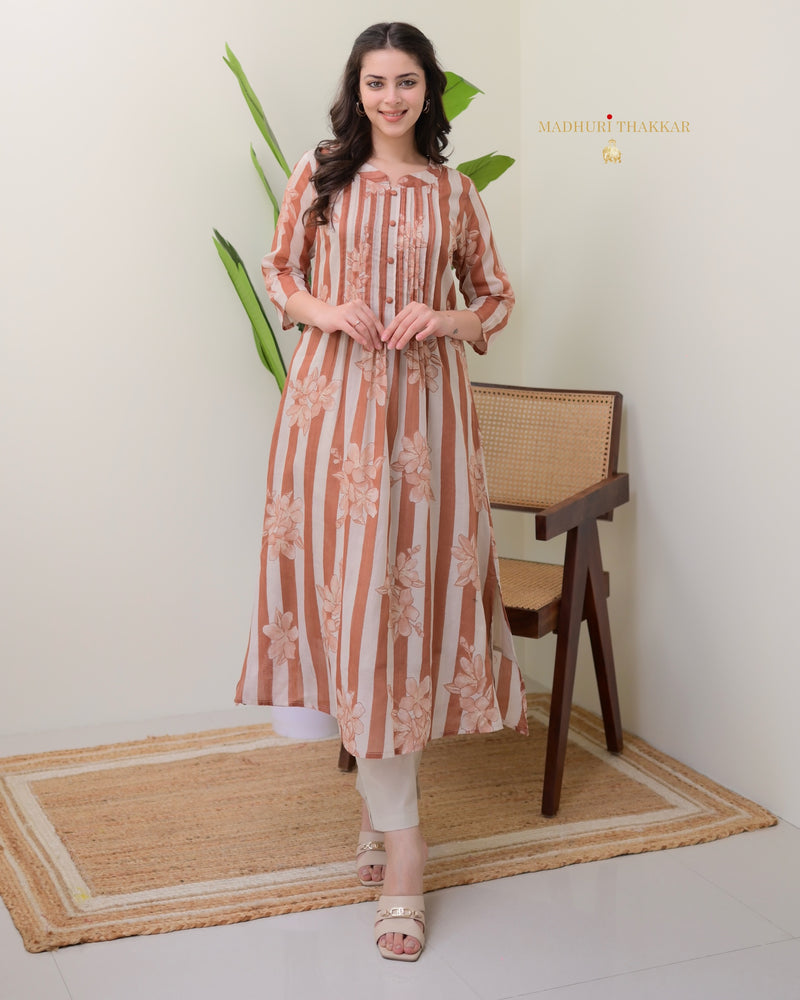 Ivory Brown Striped Floral Mul Cotton Kurta Set