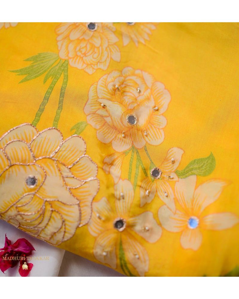 Yellow Floral Crepe Saree With Scallop Mirror Work