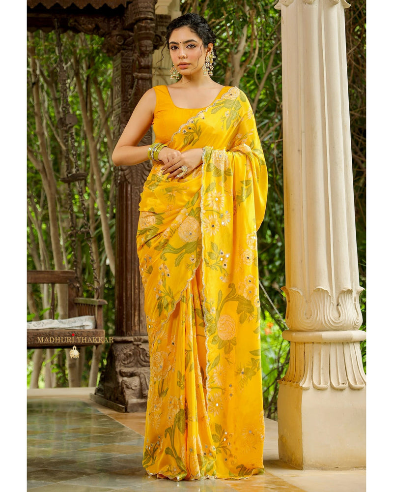 Yellow Floral Crepe Saree With Scallop Mirror Work