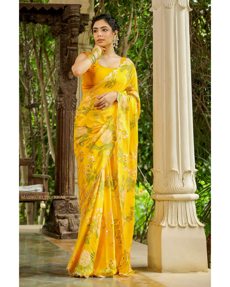 Yellow Floral Crepe Saree With Scallop Mirror Work