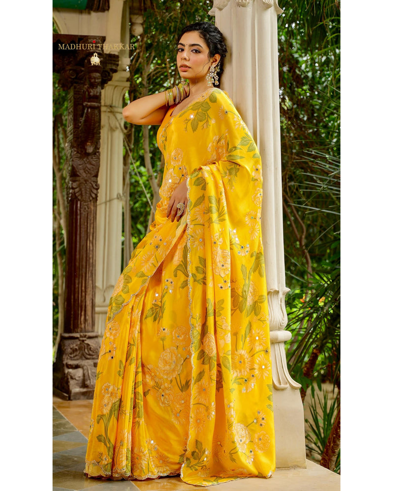 Yellow Floral Crepe Saree With Scallop Mirror Work