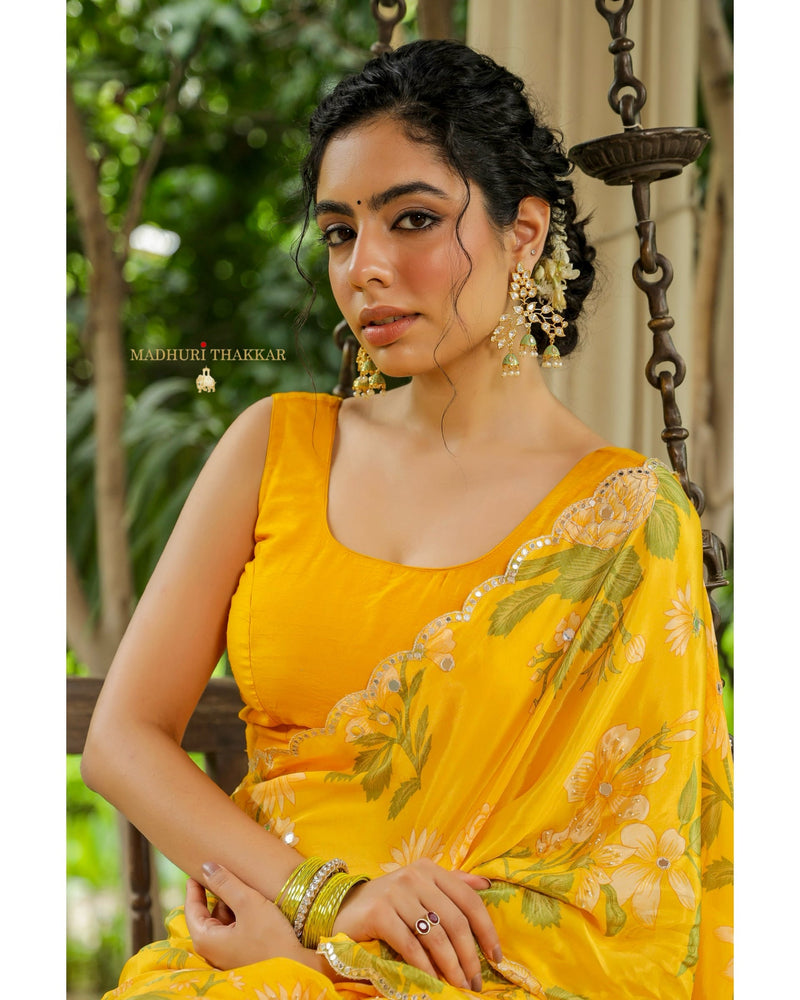 Yellow Floral Crepe Saree With Scallop Mirror Work
