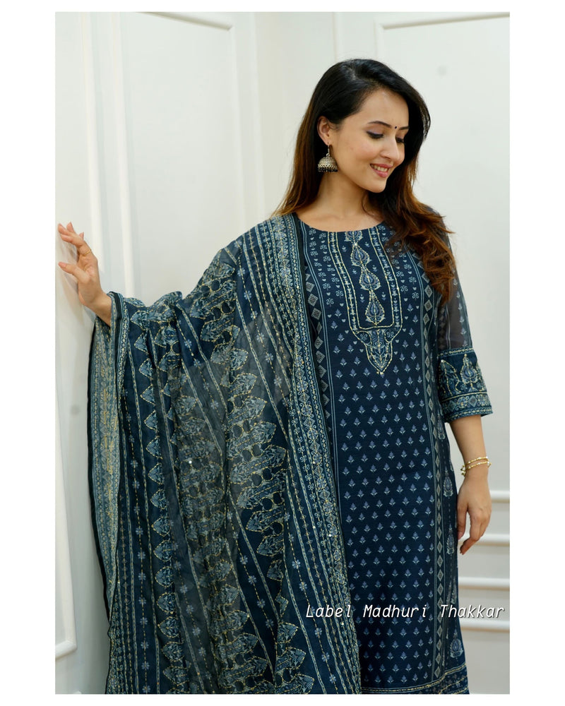 Navy Blue Kantha Work Suit