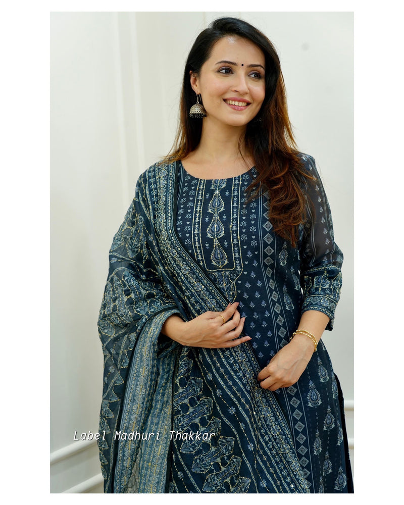 Navy Blue Kantha Work Suit