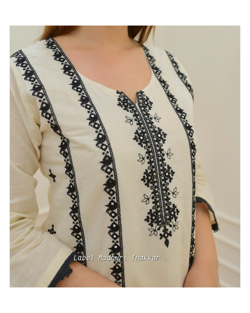 Ivory-Black Thread Embroidered Cotton Suit