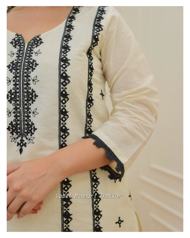 Ivory-Black Thread Embroidered Cotton Suit