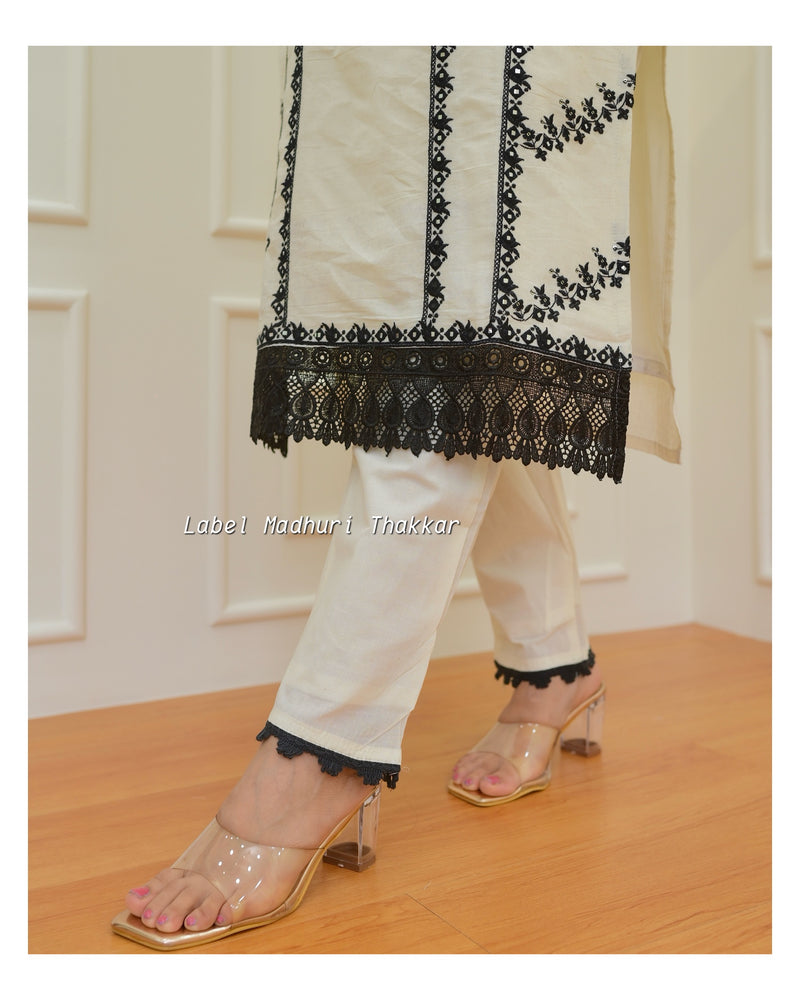 Ivory-Black Thread Embroidered Cotton Suit