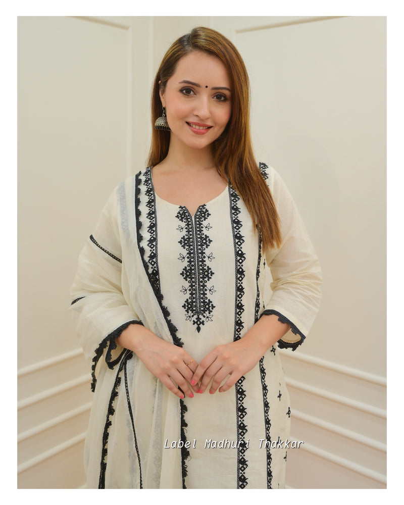 Ivory-Black Thread Embroidered Cotton Suit