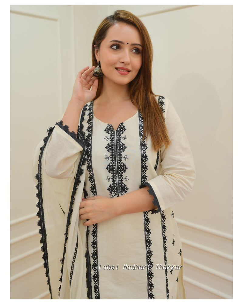 Ivory-Black Thread Embroidered Cotton Suit