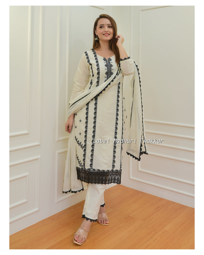 Ivory-Black Thread Embroidered Cotton Suit