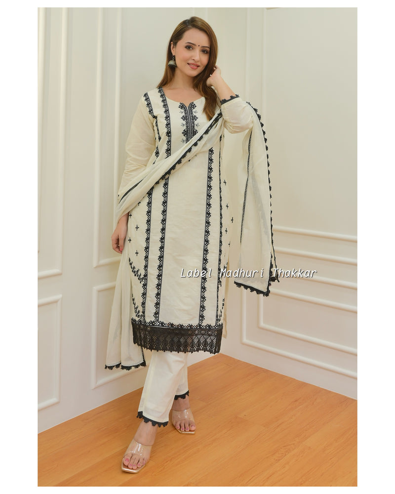 Ivory-Black Thread Embroidered Cotton Suit