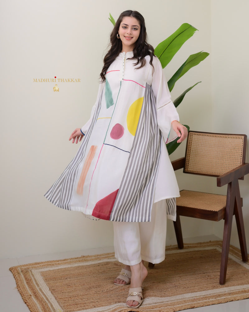 Ivory Multi Abstract A Line Roman Cotton Kurta Set