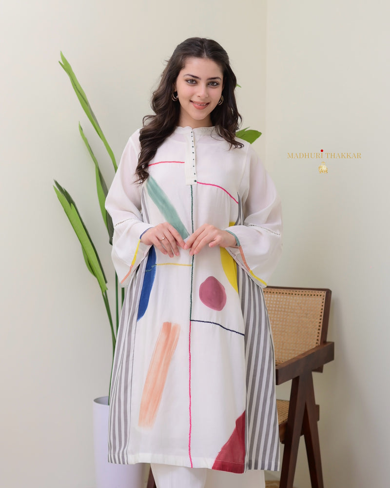 Ivory Multi Abstract A Line Roman Cotton Kurta Set