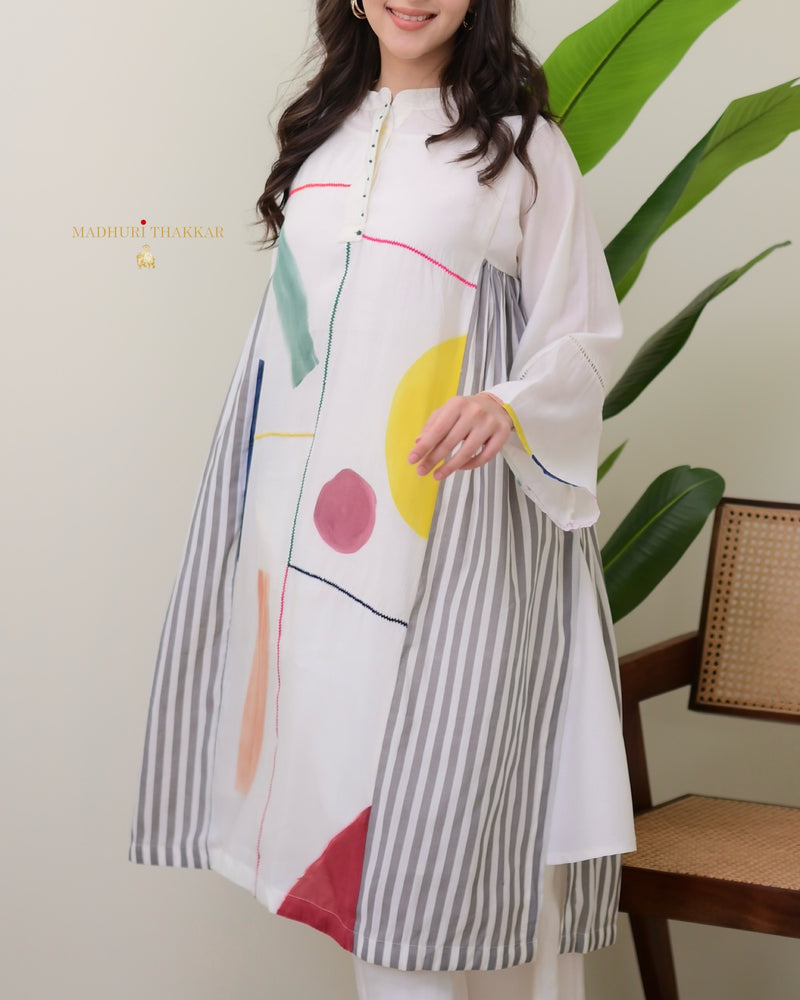 Ivory Multi Abstract A Line Roman Cotton Kurta Set