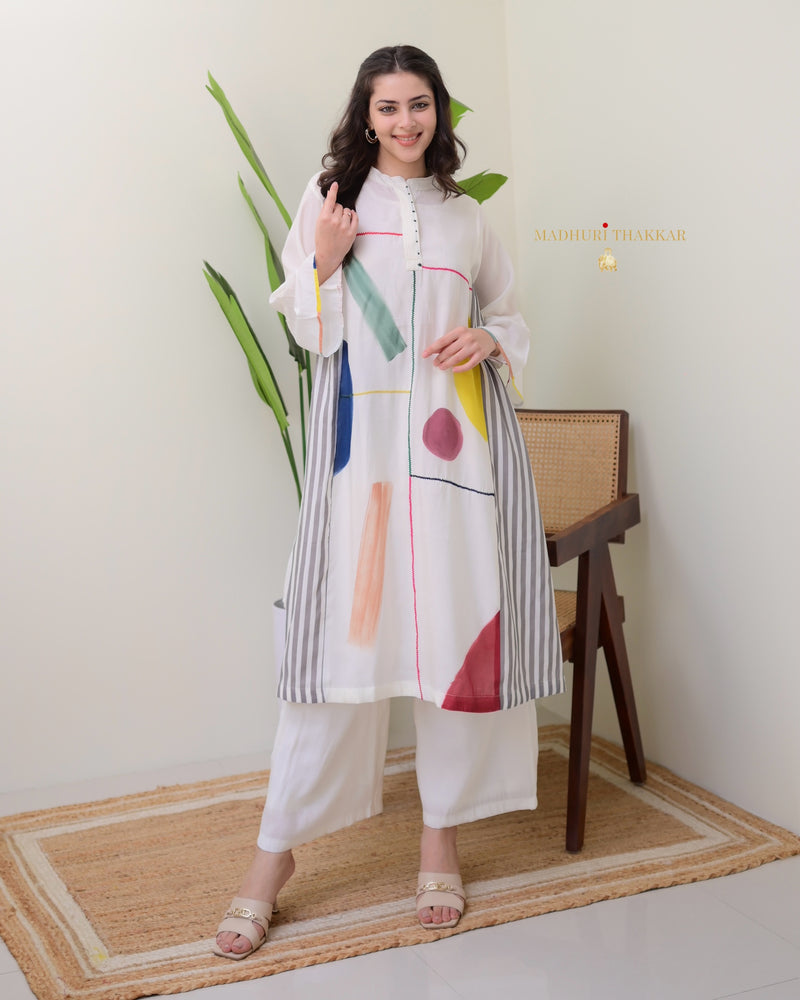 Ivory Multi Abstract A Line Roman Cotton Kurta Set