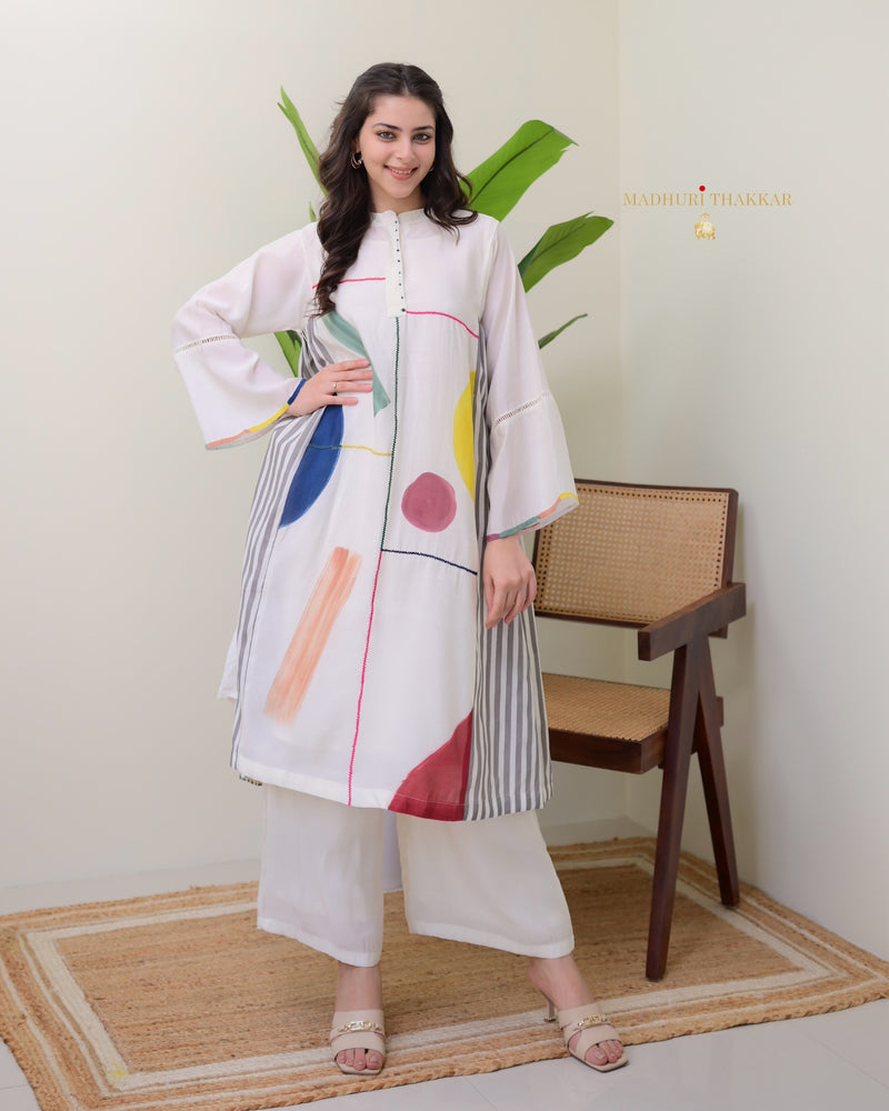 Ivory Multi Abstract A Line Roman Cotton Kurta Set