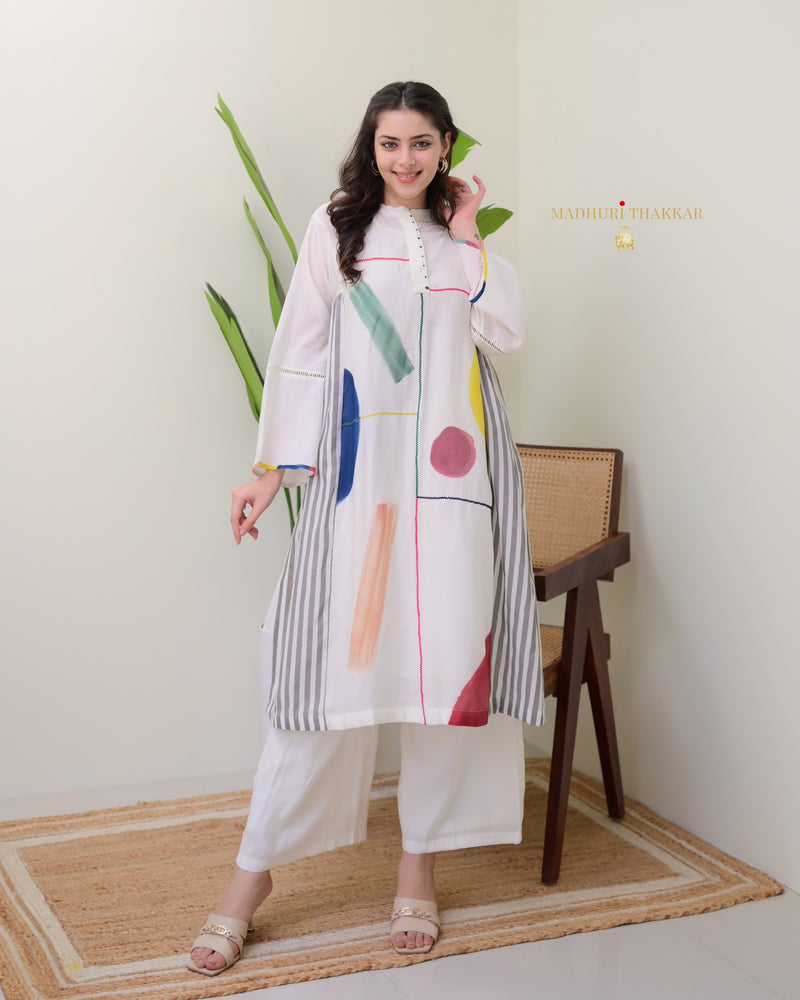 Ivory Multi Abstract A Line Roman Cotton Kurta Set