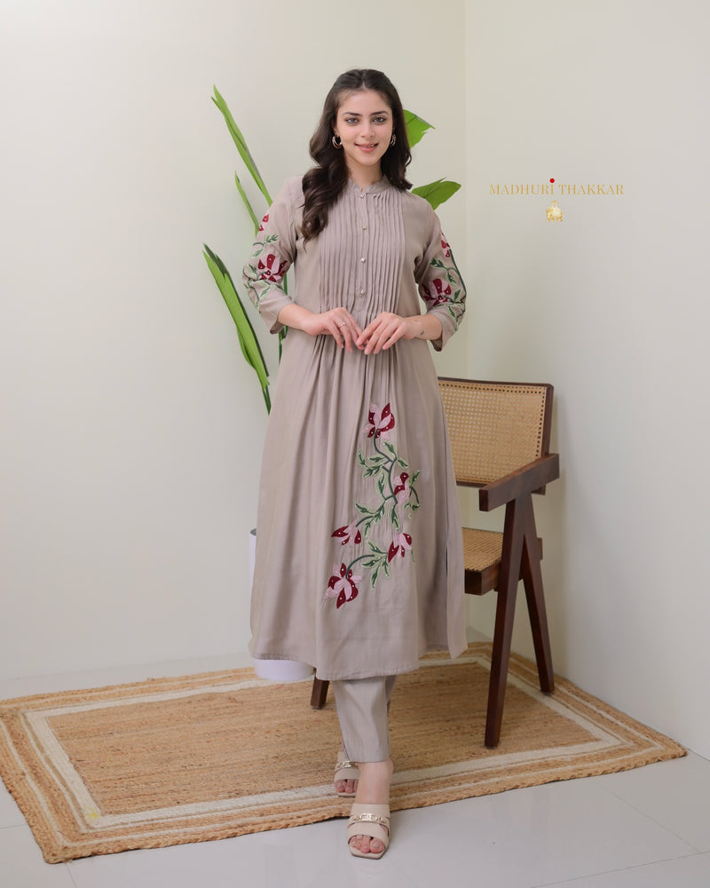 Brown A Line Threadwork Roman Silk Kurta Set