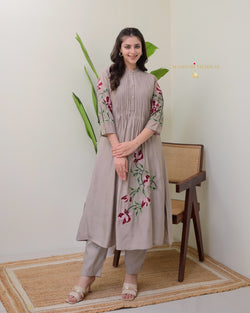 Brown A Line Threadwork Roman Silk Kurta Set