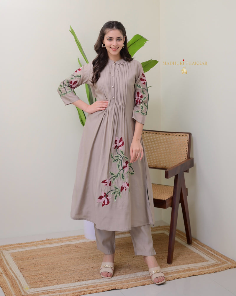 Brown A Line Threadwork Roman Silk Kurta Set