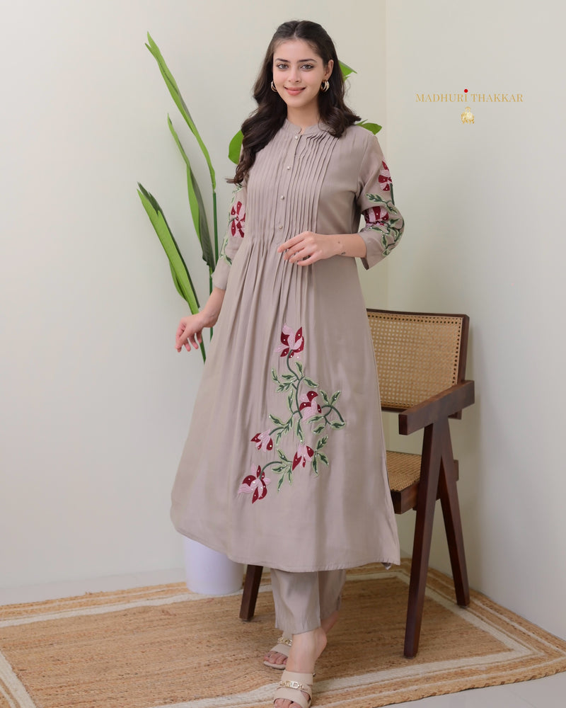 Brown A Line Threadwork Roman Silk Kurta Set