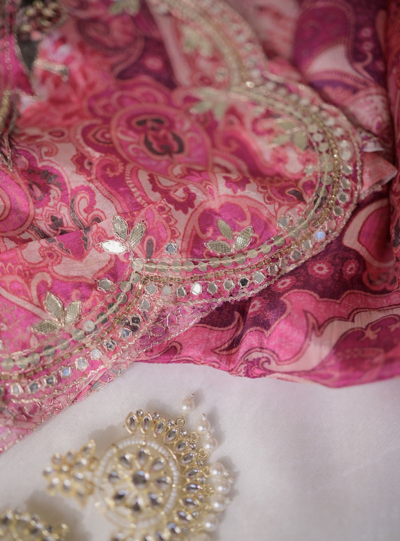 Pink Floral Chinnon Saree With Scallop Mirror Work