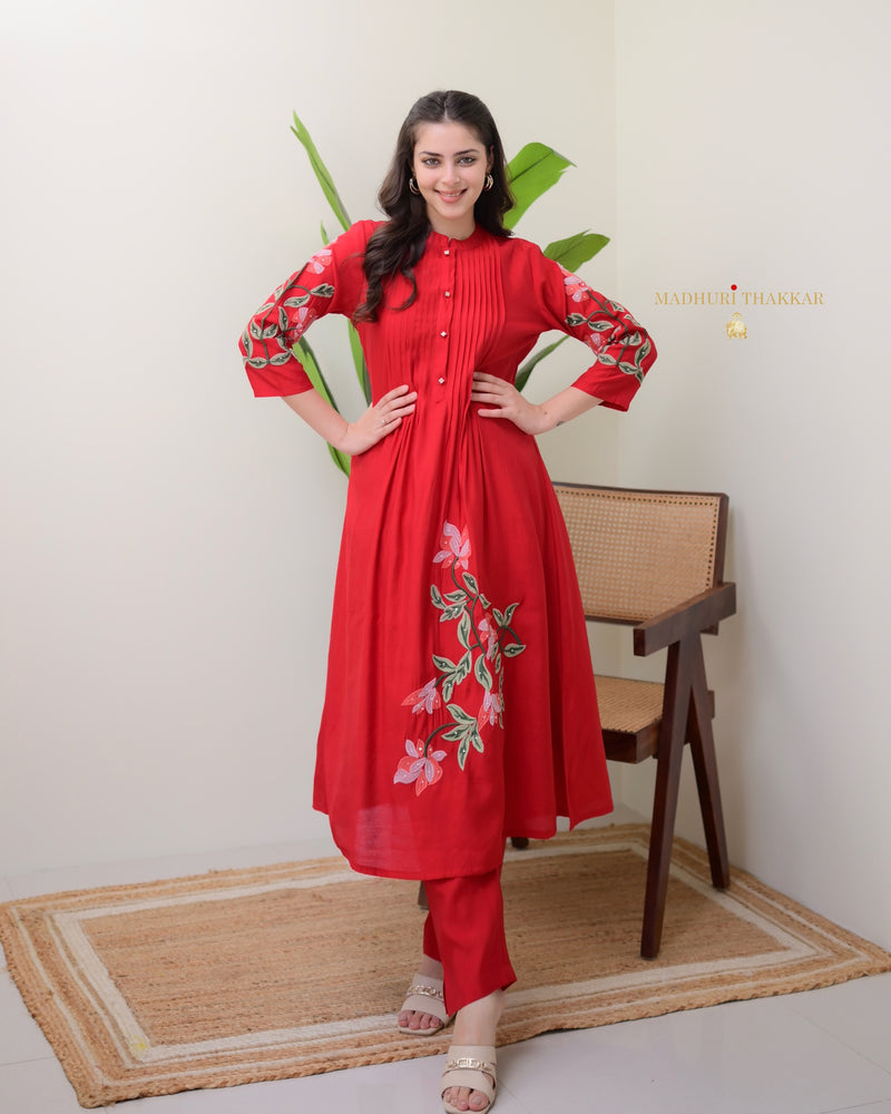 Red A Line Threadwork Roman Silk Kurta Set