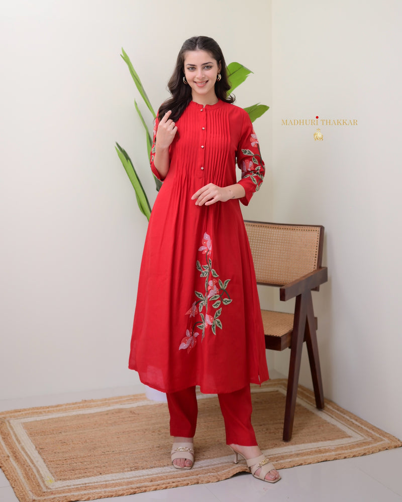 Red A Line Threadwork Roman Silk Kurta Set