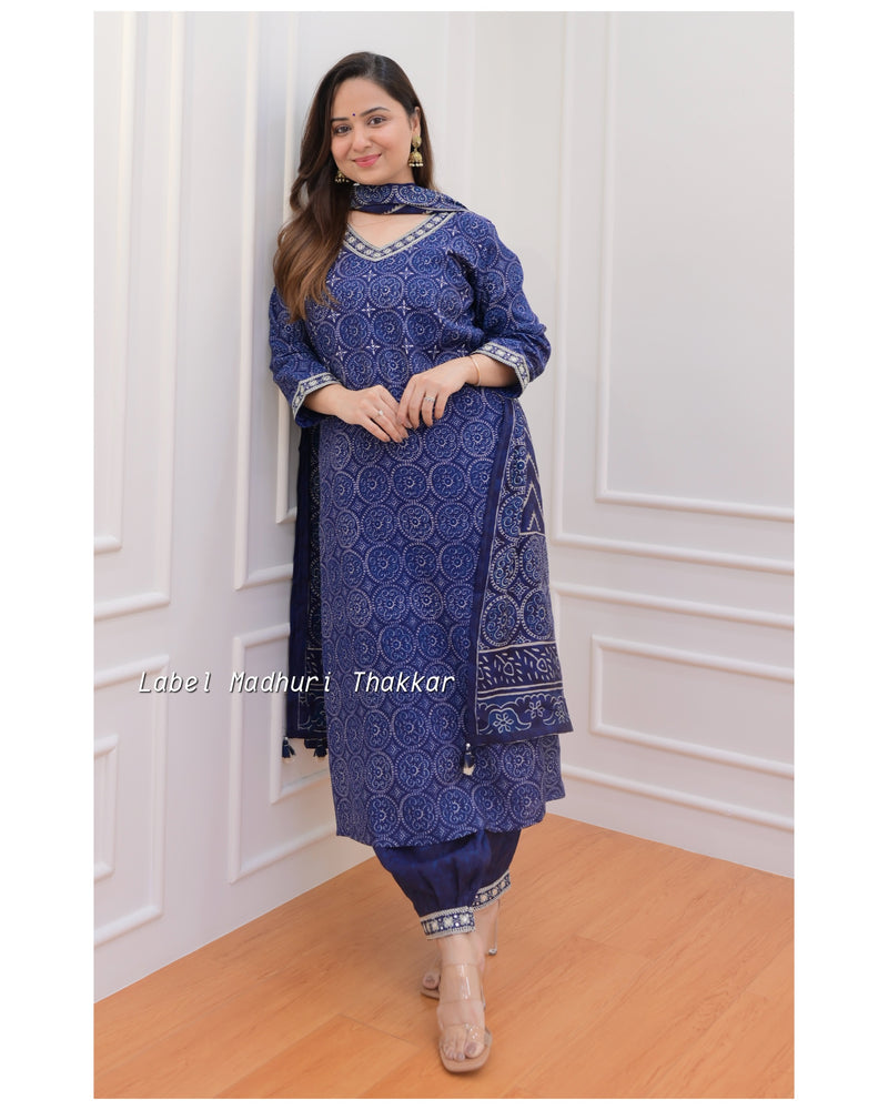 Navy Blue Muslin Afghani Suit