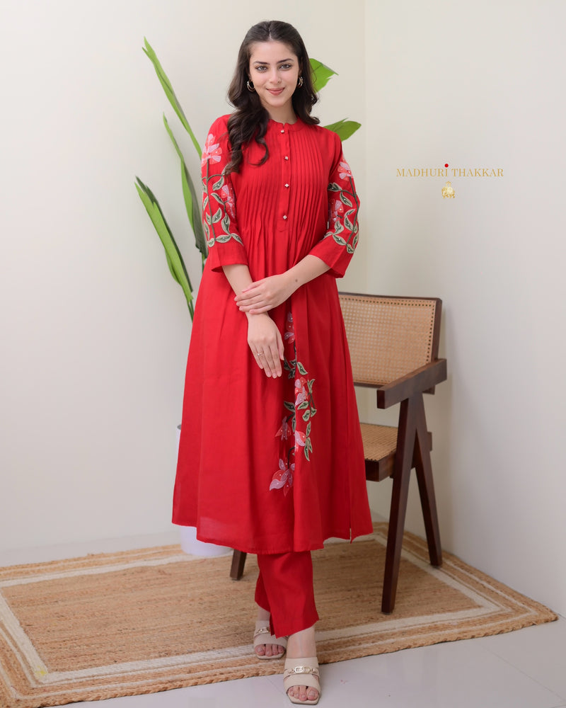 Red A Line Threadwork Roman Silk Kurta Set