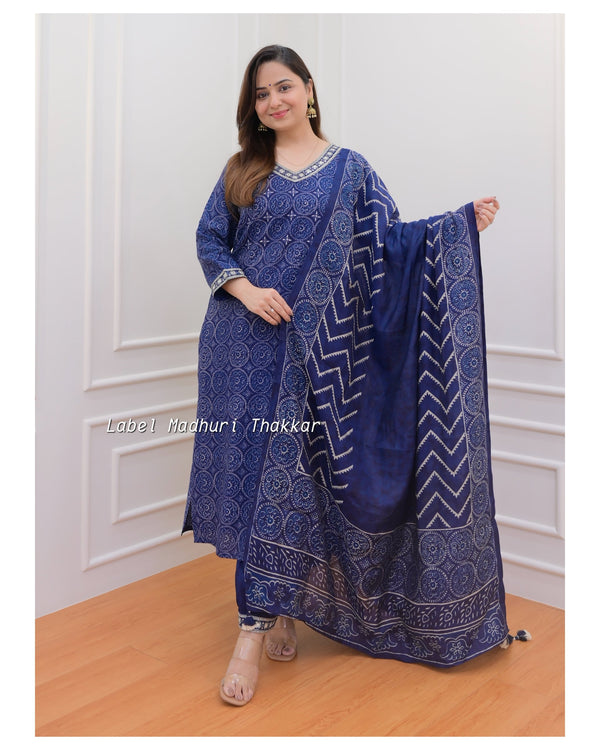 Navy Blue Muslin Afghani Suit