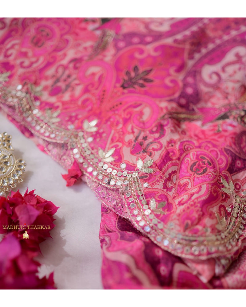 Pink Floral Chinnon Saree With Scallop Mirror Work