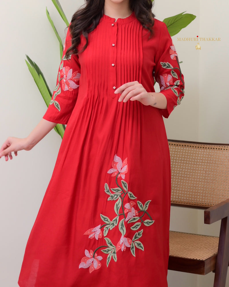 Red A Line Threadwork Roman Silk Kurta Set