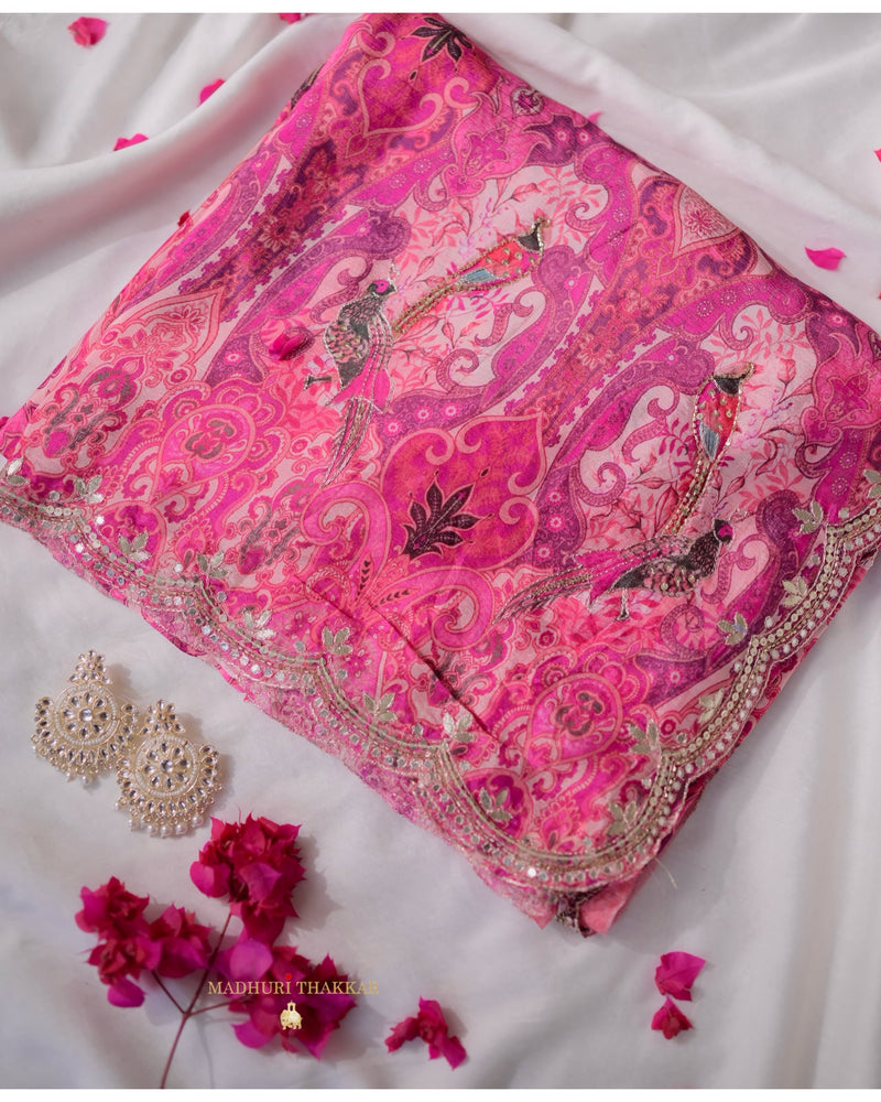 Pink Floral Chinnon Saree With Scallop Mirror Work