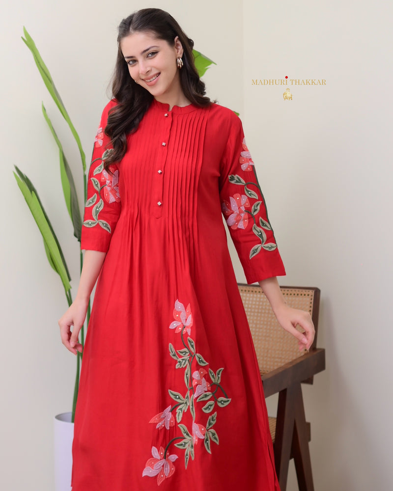 Red A Line Threadwork Roman Silk Kurta Set