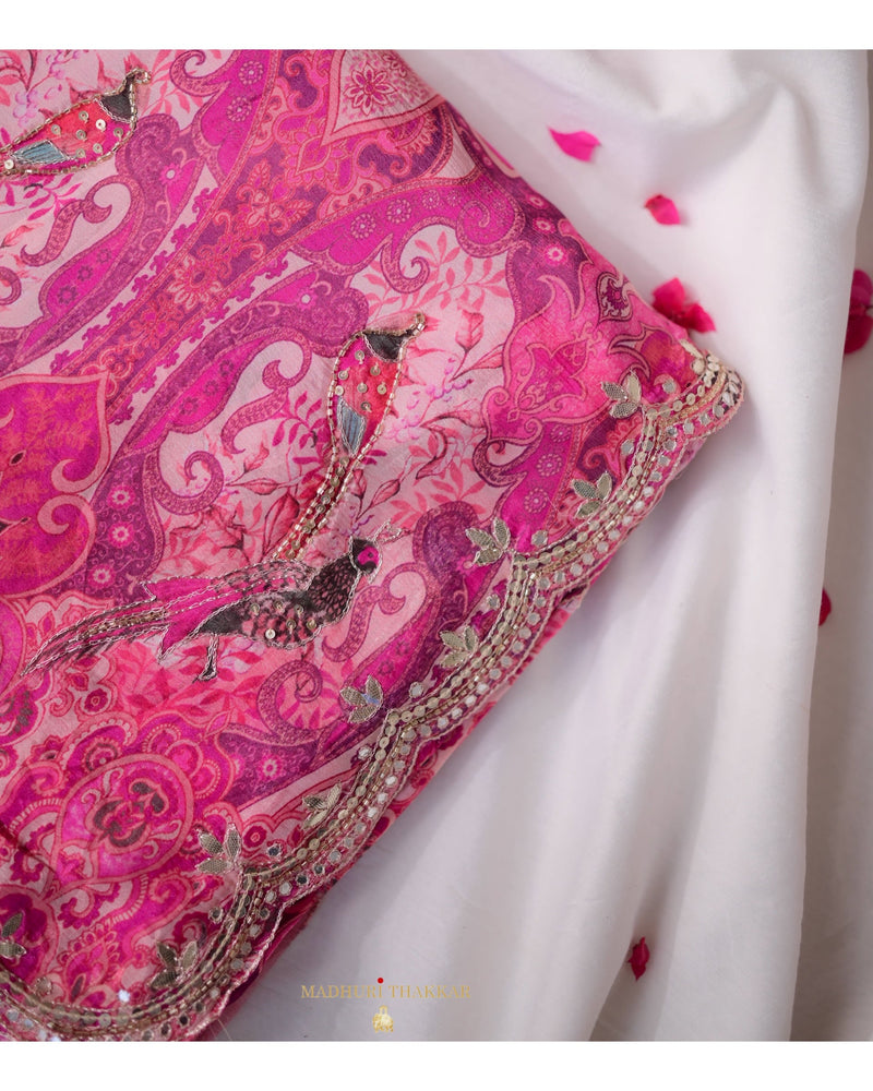 Pink Floral Chinnon Saree With Scallop Mirror Work