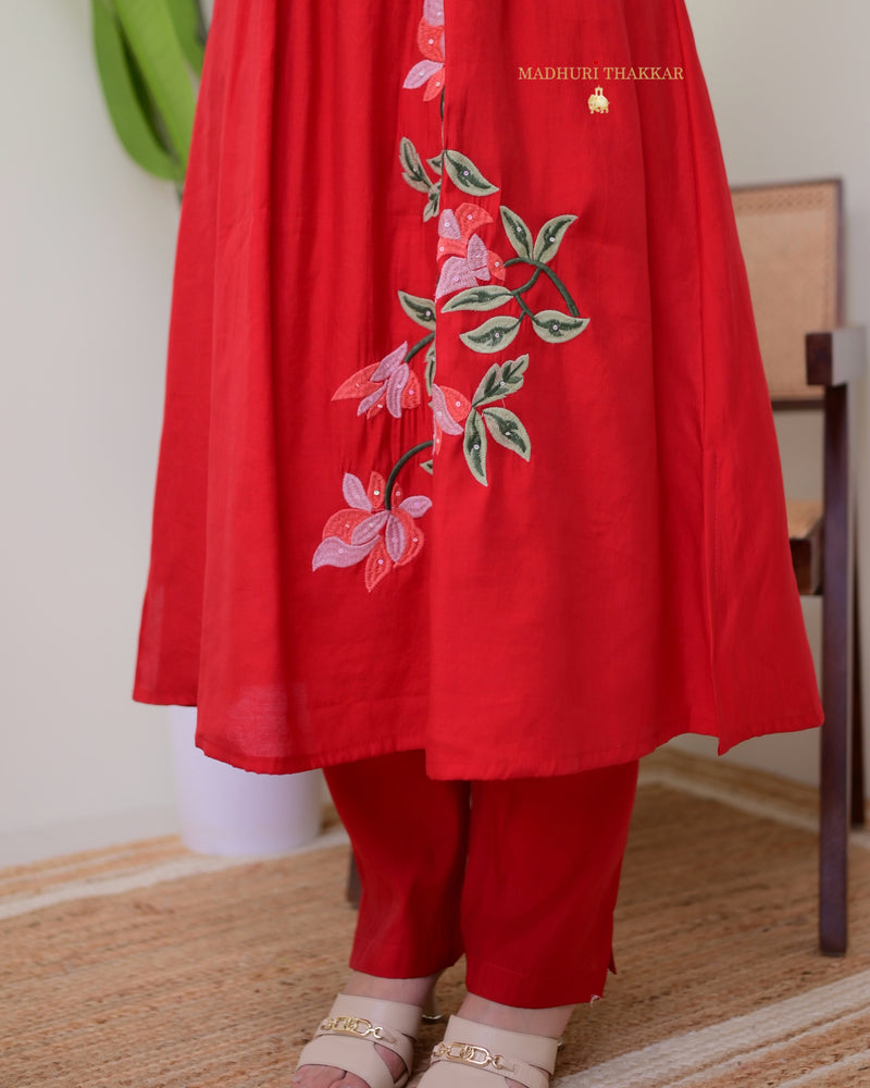 Red A Line Threadwork Roman Silk Kurta Set