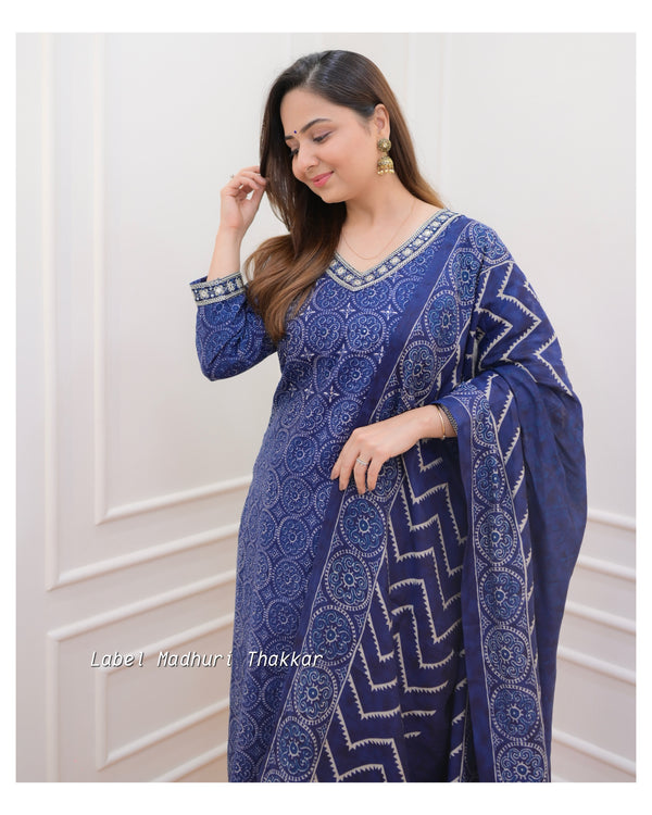 Navy Blue Muslin Afghani Suit