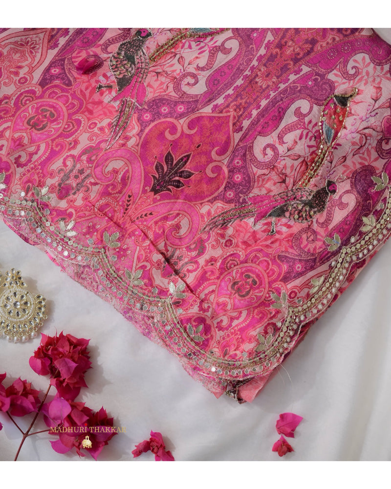 Pink Floral Chinnon Saree With Scallop Mirror Work