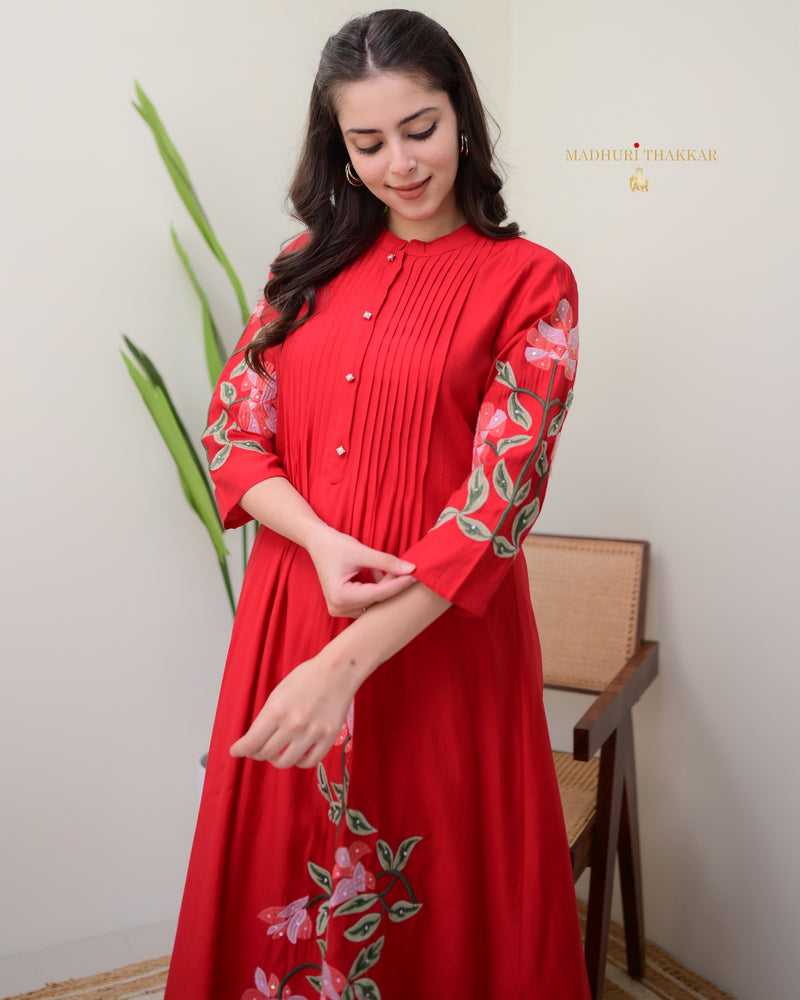 Red A Line Threadwork Roman Silk Kurta Set