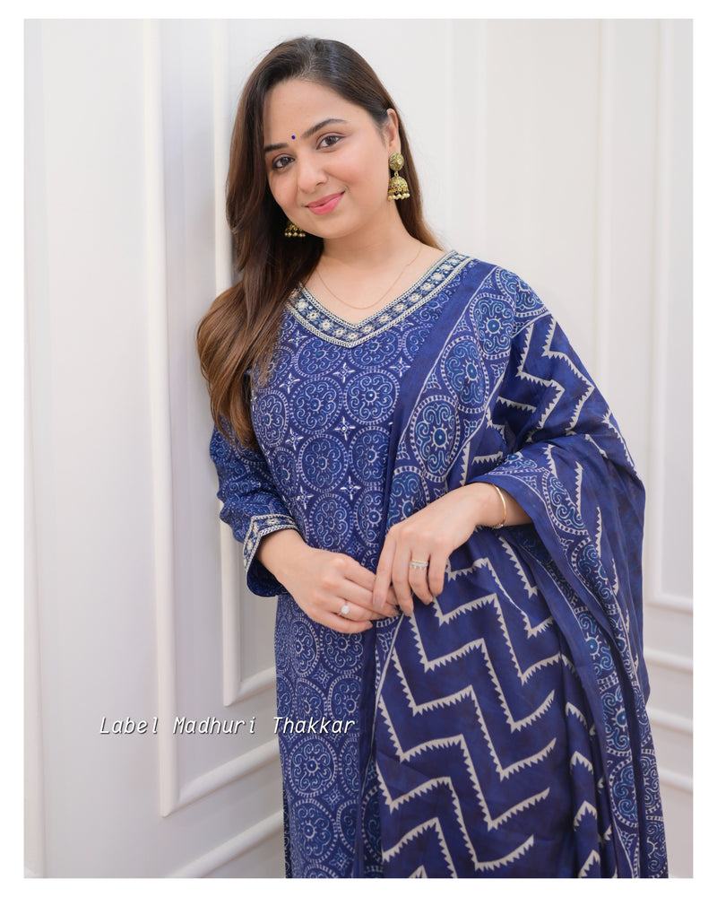 Navy Blue Muslin Afghani Suit