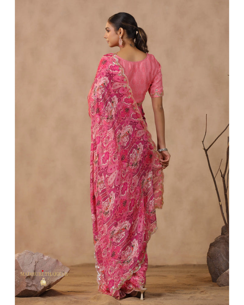 Pink Floral Chinnon Saree With Scallop Mirror Work